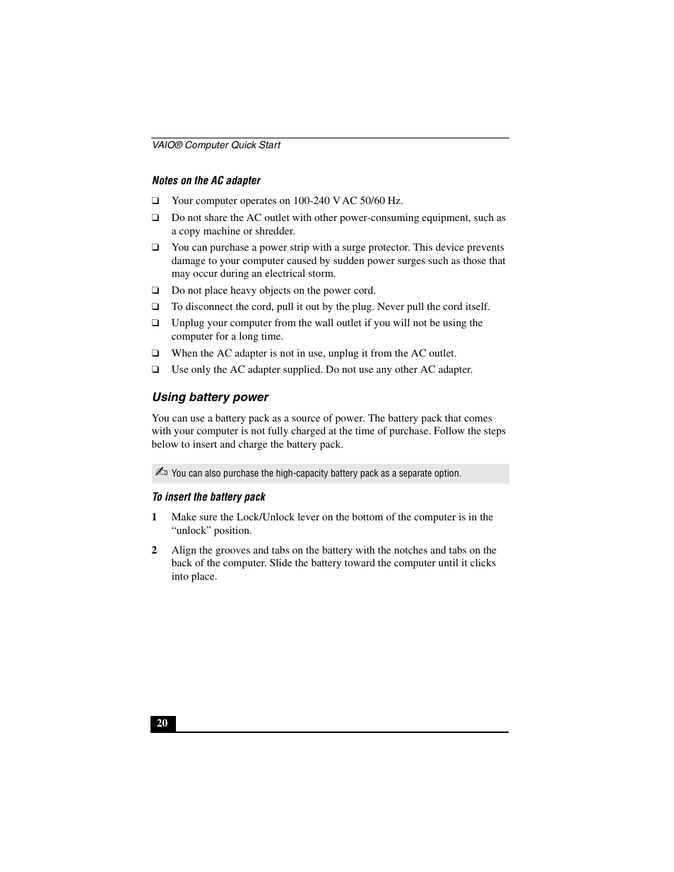 Using battery power | Sony PCG-C1MV User Manual | Page 20 / 84