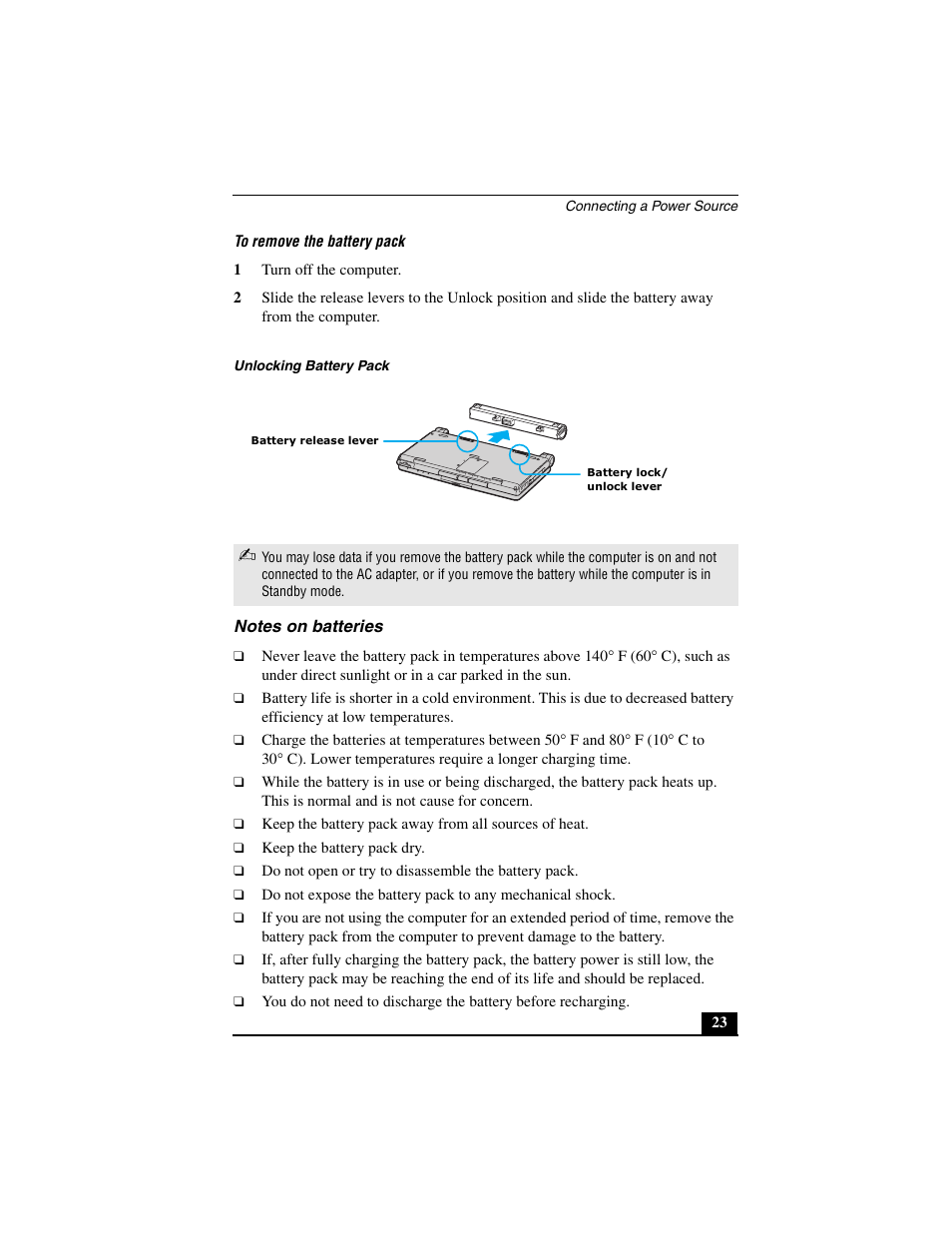 Notes on batteries | Sony PCG-C1MV User Manual | Page 23 / 84