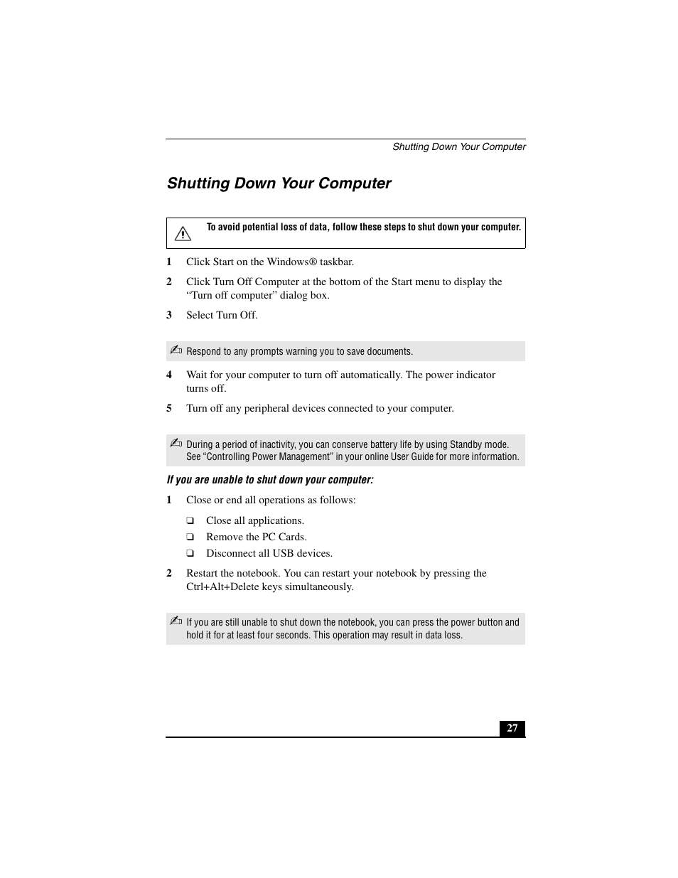 Shutting down your computer | Sony PCG-C1MV User Manual | Page 27 / 84