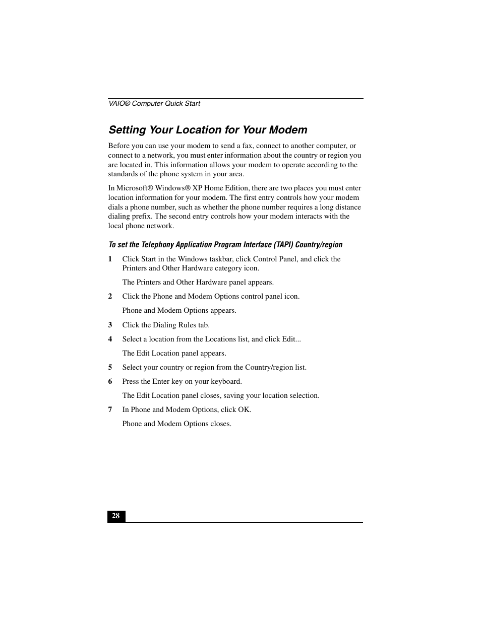 Setting your location for your modem | Sony PCG-C1MV User Manual | Page 28 / 84