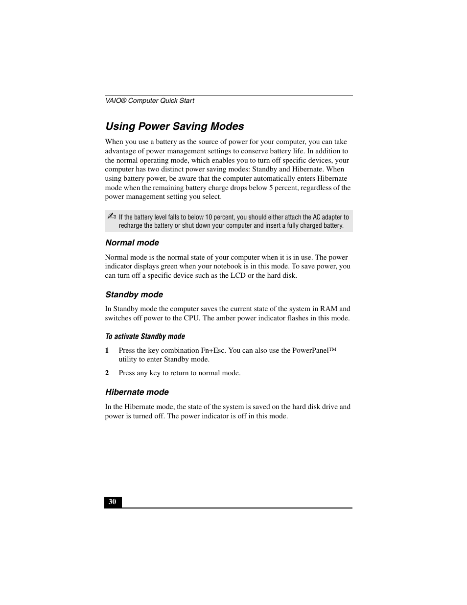 Using power saving modes, Normal mode, Standby mode | Hibernate mode | Sony PCG-C1MV User Manual | Page 30 / 84