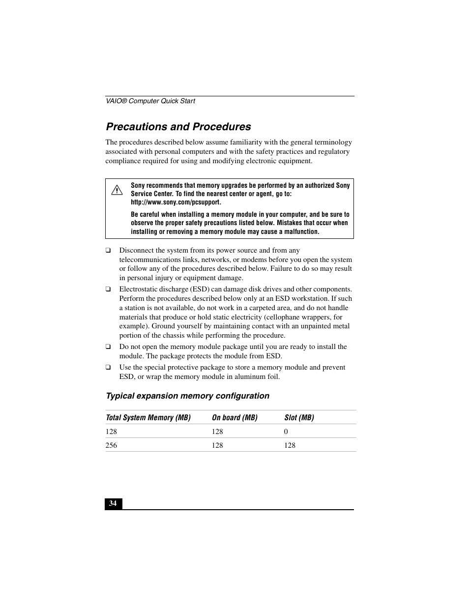 Precautions and procedures, Typical expansion memory configuration | Sony PCG-C1MV User Manual | Page 34 / 84