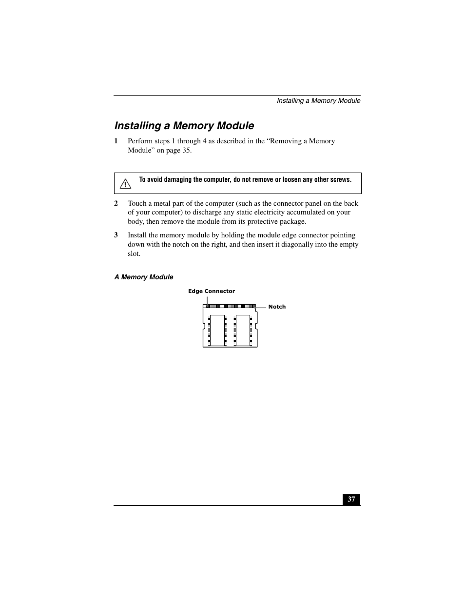 Installing a memory module | Sony PCG-C1MV User Manual | Page 37 / 84