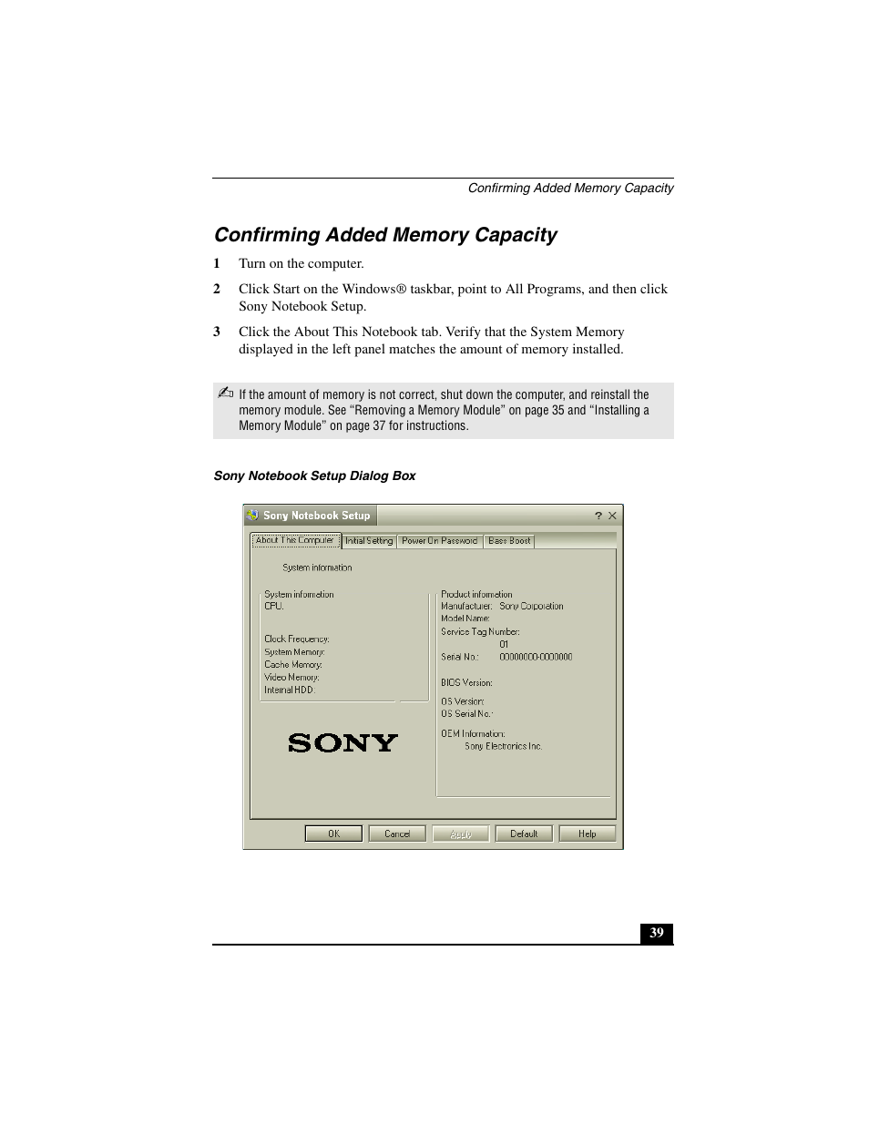 Confirming added memory capacity, Index | Sony PCG-C1MV User Manual | Page 39 / 84