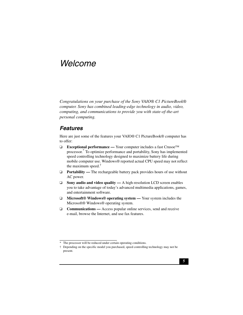 Welcome, Features | Sony PCG-C1MV User Manual | Page 5 / 84