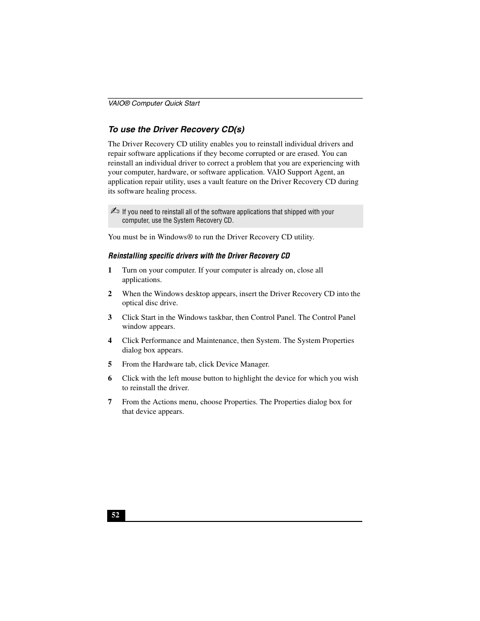 To use the driver recovery cd(s) | Sony PCG-C1MV User Manual | Page 52 / 84
