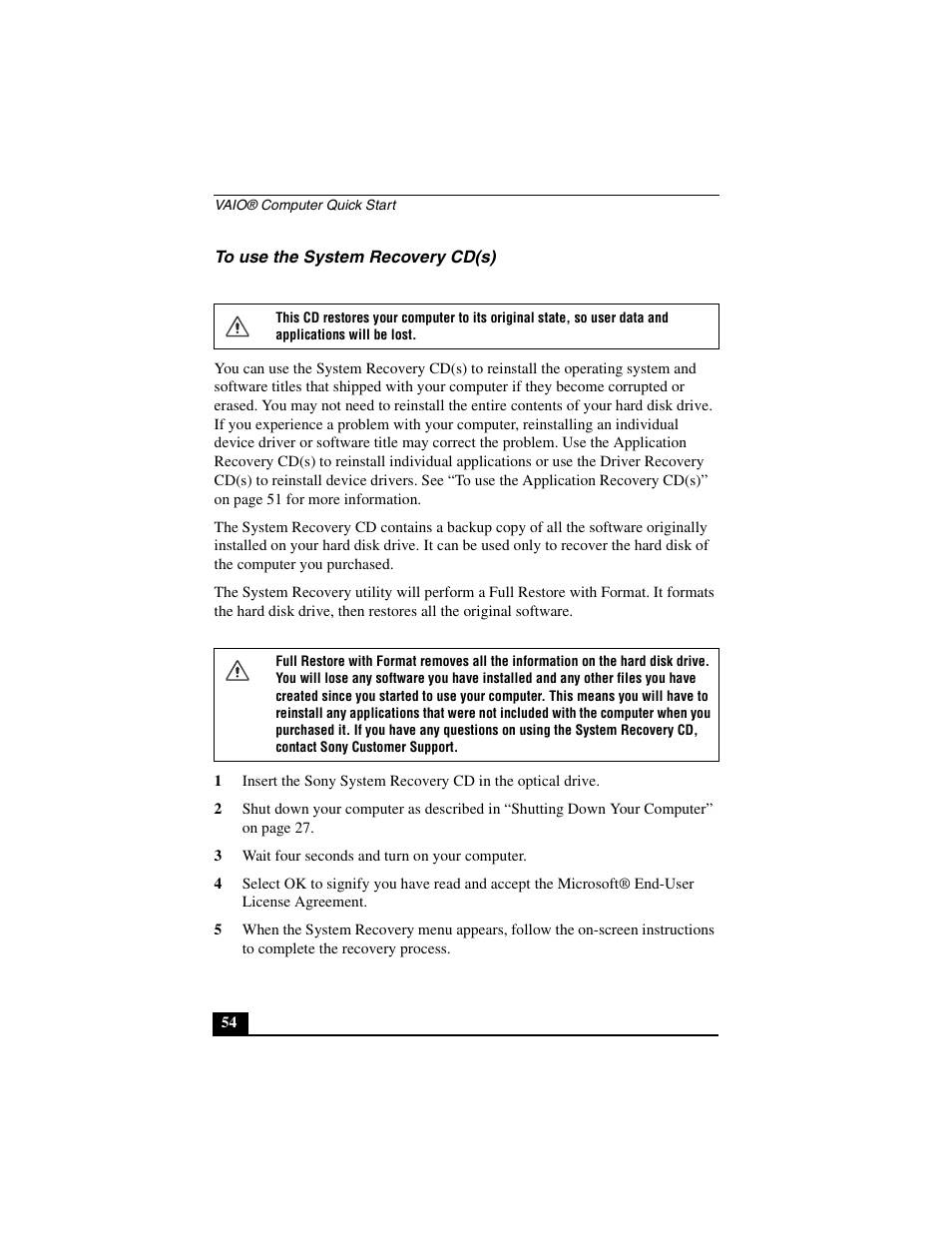 To use the system recovery cd(s) | Sony PCG-C1MV User Manual | Page 54 / 84