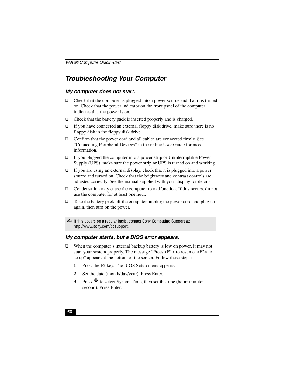 Troubleshooting your computer, My computer does not start, My computer starts, but a bios error appears | Sony PCG-C1MV User Manual | Page 58 / 84