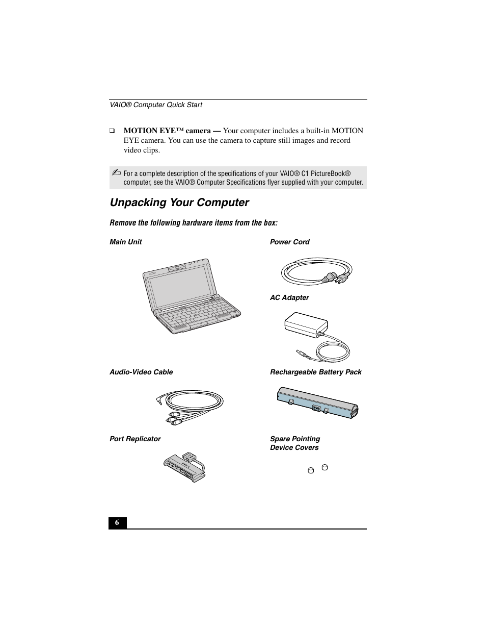 Unpacking your computer | Sony PCG-C1MV User Manual | Page 6 / 84