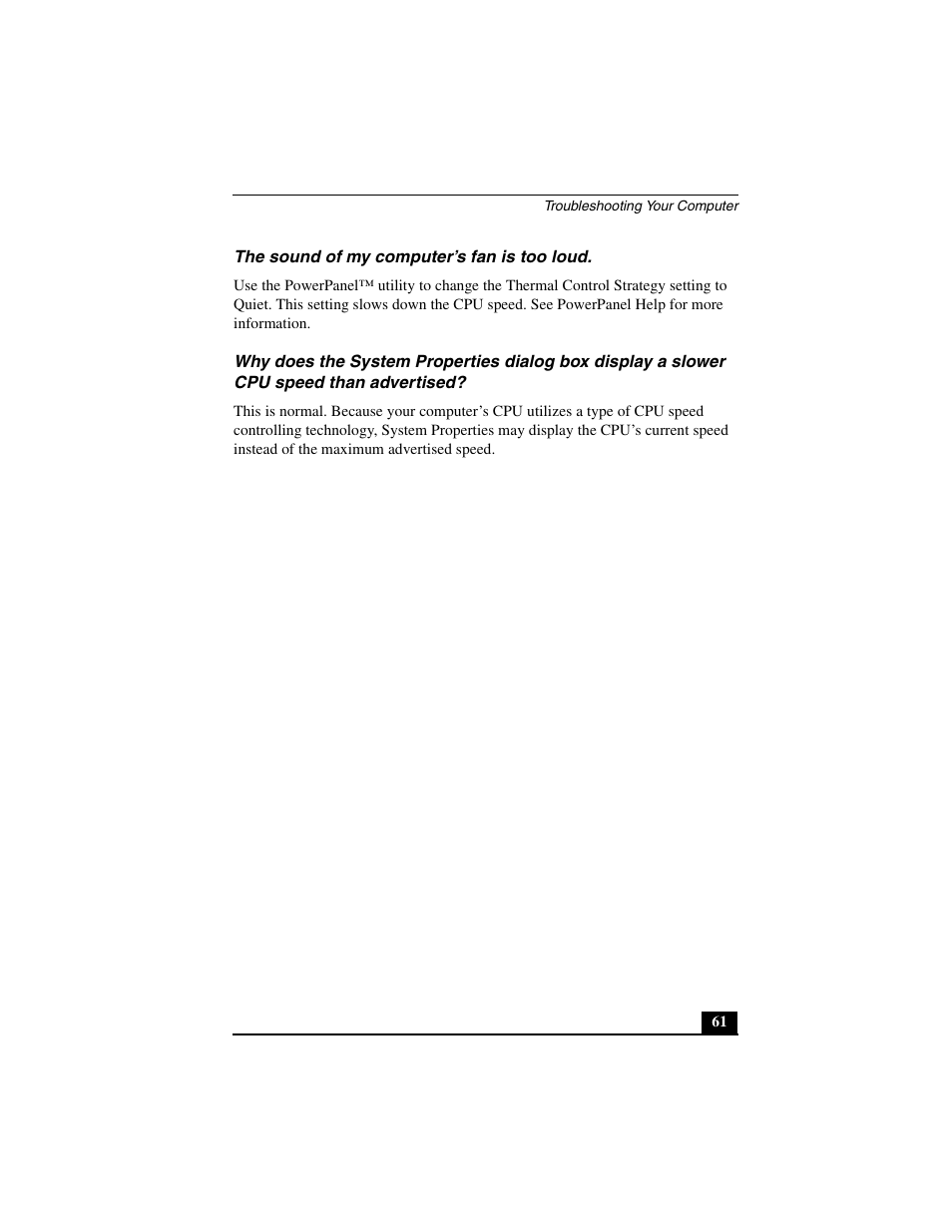 The sound of my computer’s fan is too loud | Sony PCG-C1MV User Manual | Page 61 / 84