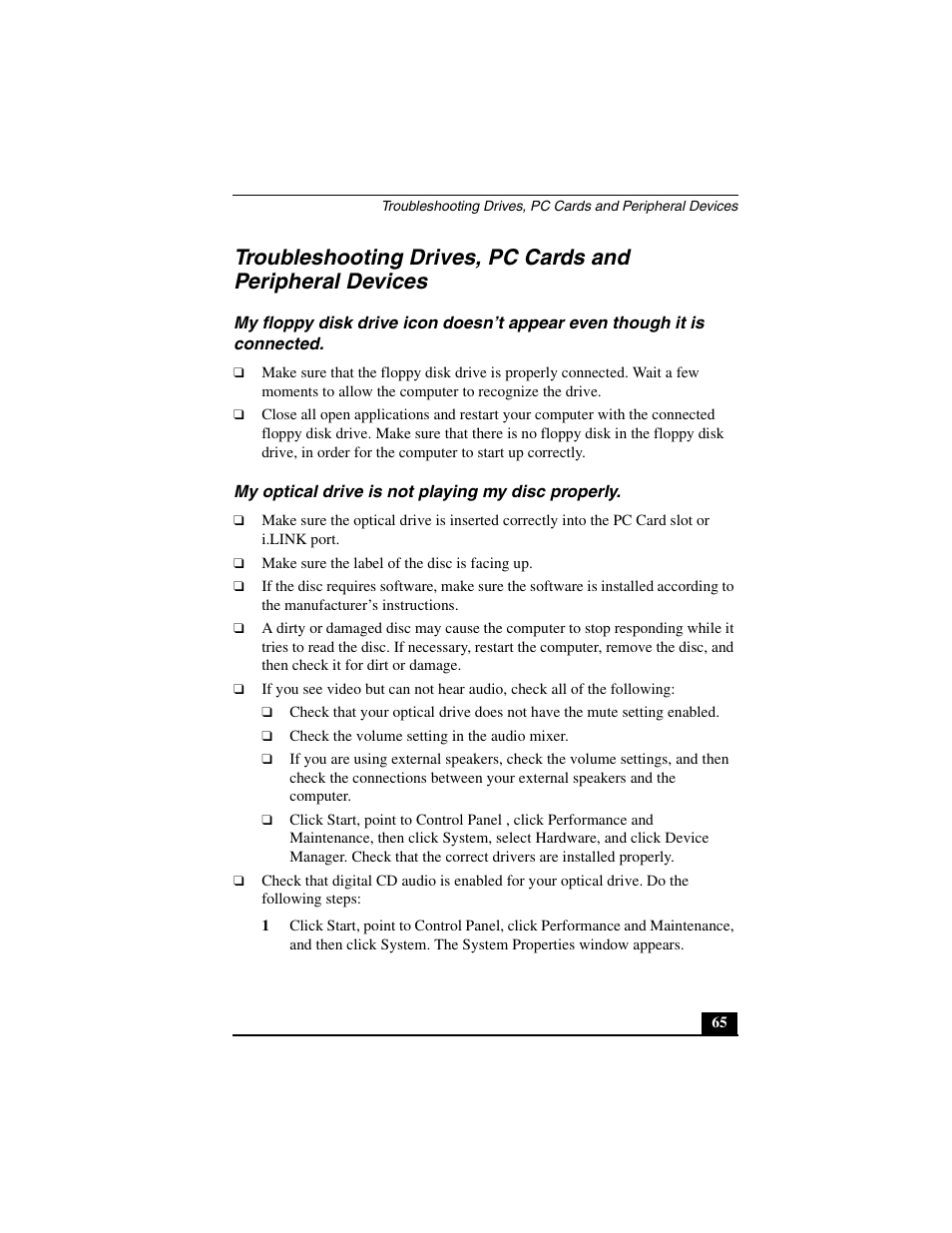 My optical drive is not playing my disc properly | Sony PCG-C1MV User Manual | Page 65 / 84