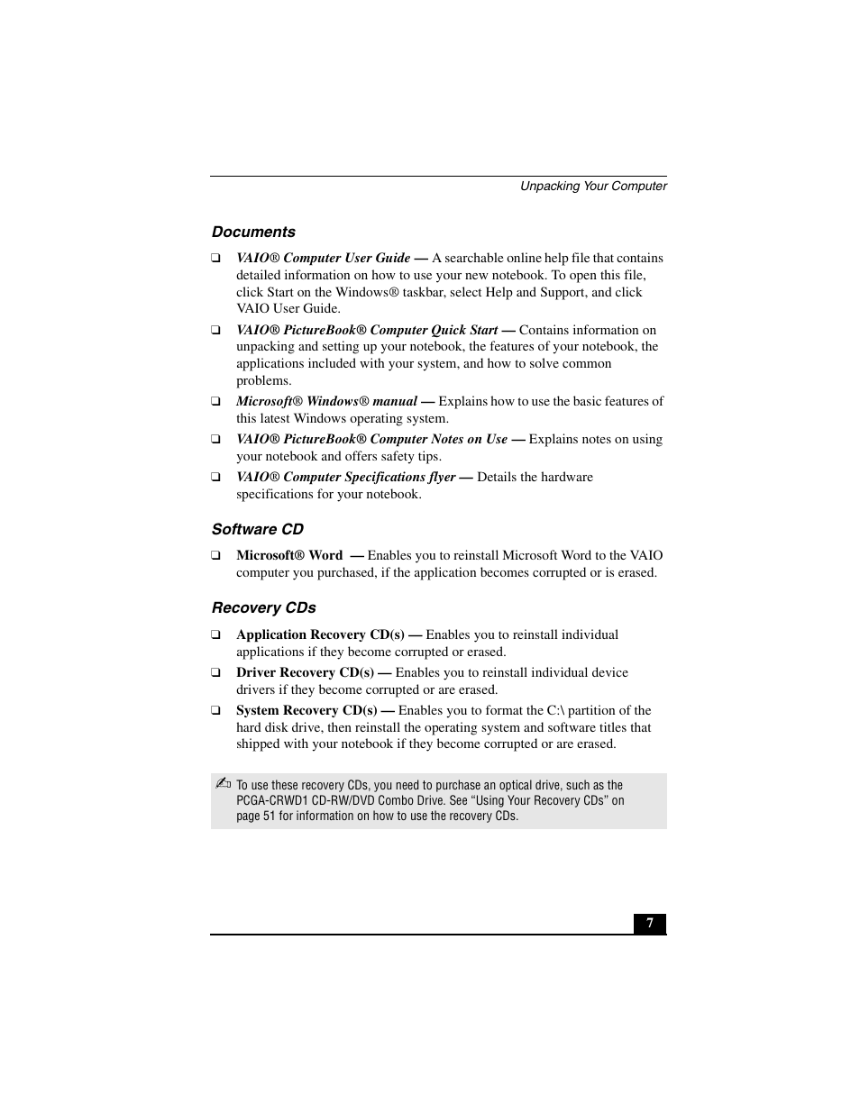 Documents, Software cd, Recovery cds | Sony PCG-C1MV User Manual | Page 7 / 84