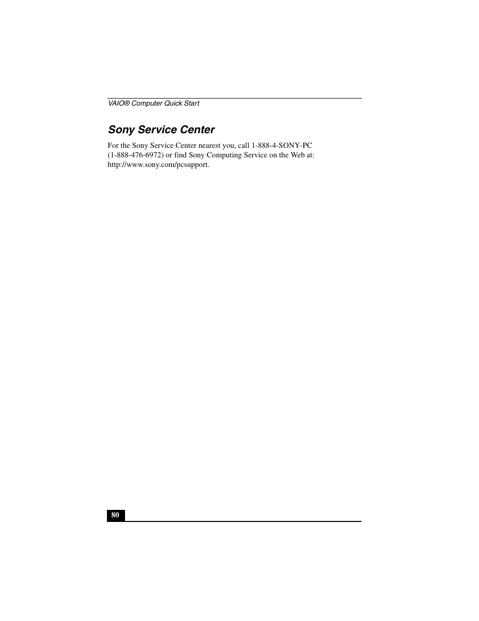 Sony service center | Sony PCG-C1MV User Manual | Page 80 / 84
