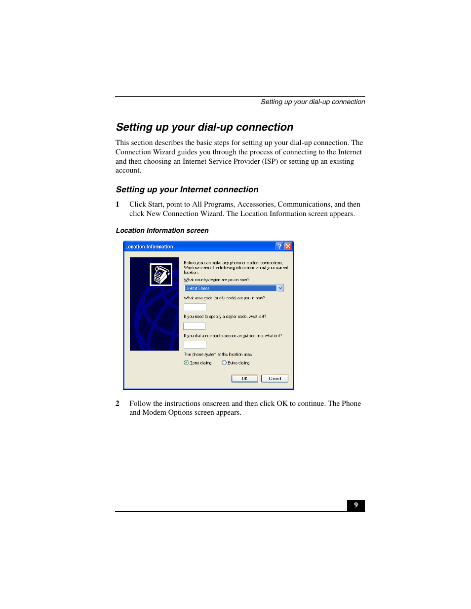 Setting up your dial-up connection, Setting up your internet connection | Sony PCG-C1MV User Manual | Page 9 / 84