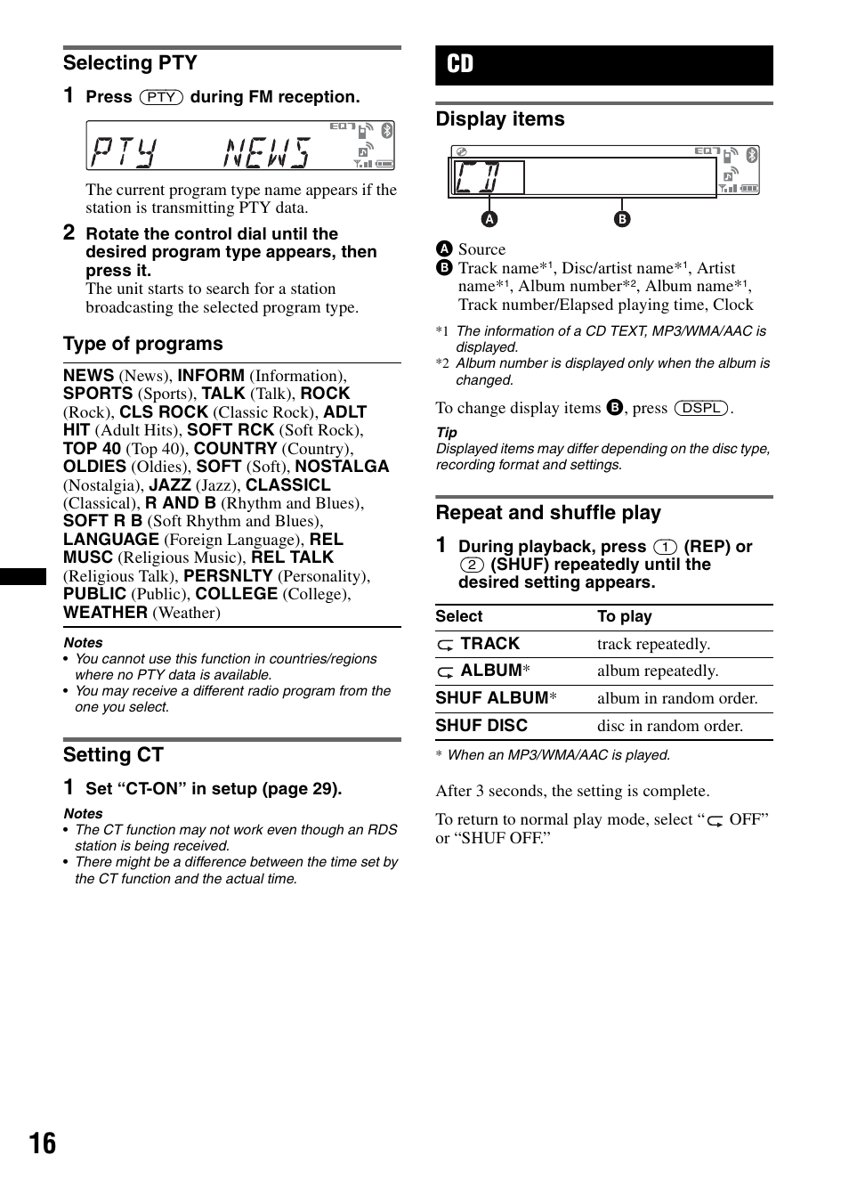 Selecting pty, Setting ct, Display items | Repeat and shuffle play, Selecting pty setting ct, Display items repeat and shuffle play | Sony MEX-BT39UW User Manual | Page 16 / 80