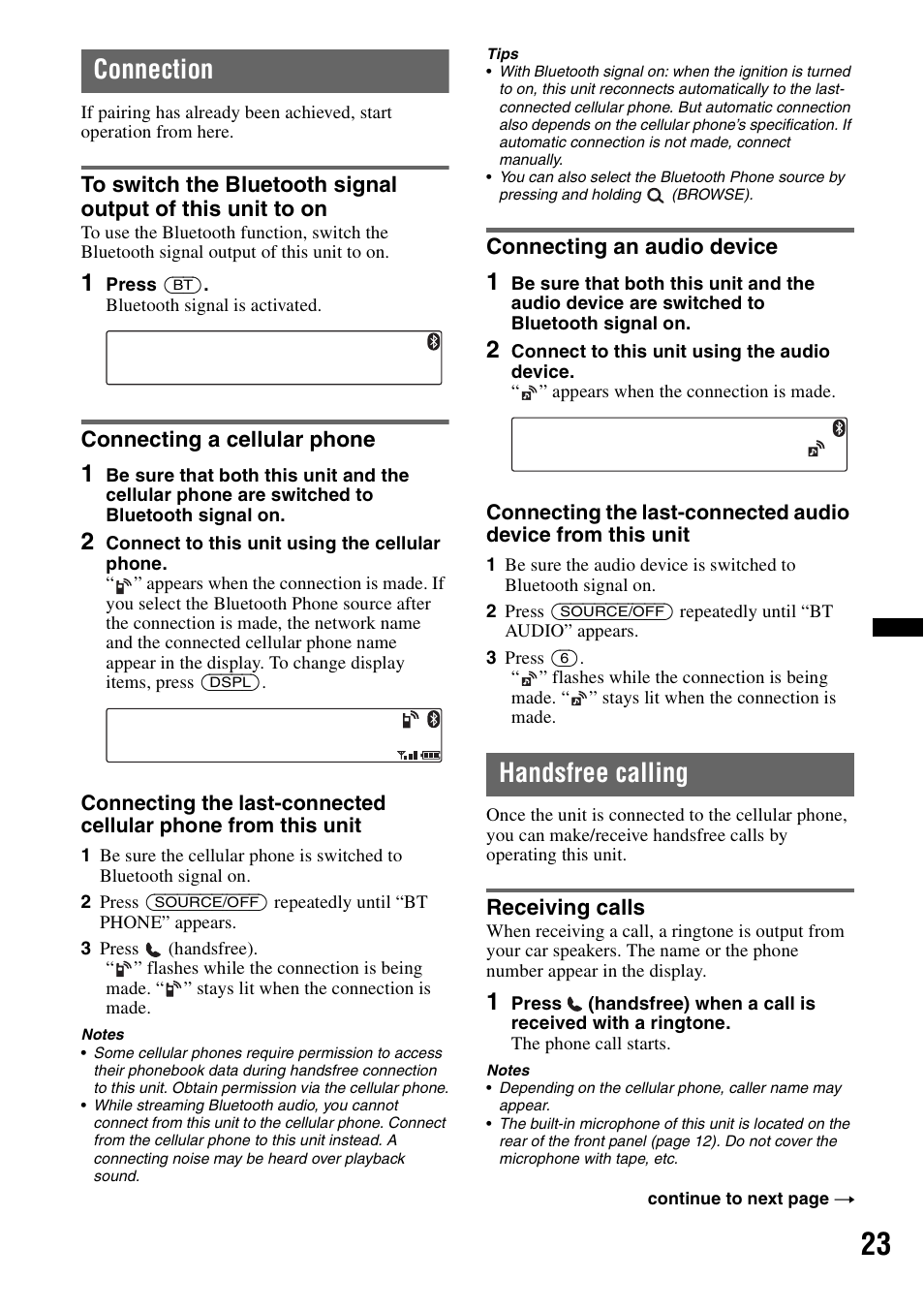 Connection, Connecting a cellular phone, Connecting an audio device | Handsfree calling, Receiving calls | Sony MEX-BT39UW User Manual | Page 23 / 80