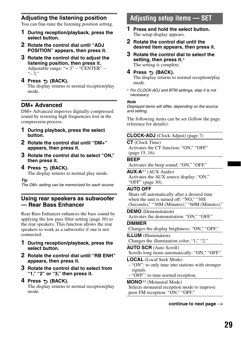 Adjusting the listening position, Dm+ advanced, Adjusting setup items - set | Adjusting setup items — set | Sony MEX-BT39UW User Manual | Page 29 / 80