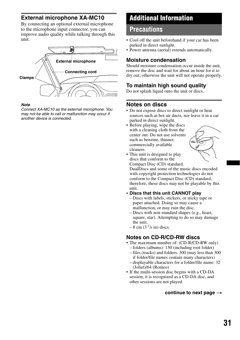 External microphone xa-mc10, Additional information, Precautions | Notes on discs, Additional information precautions | Sony MEX-BT39UW User Manual | Page 31 / 80