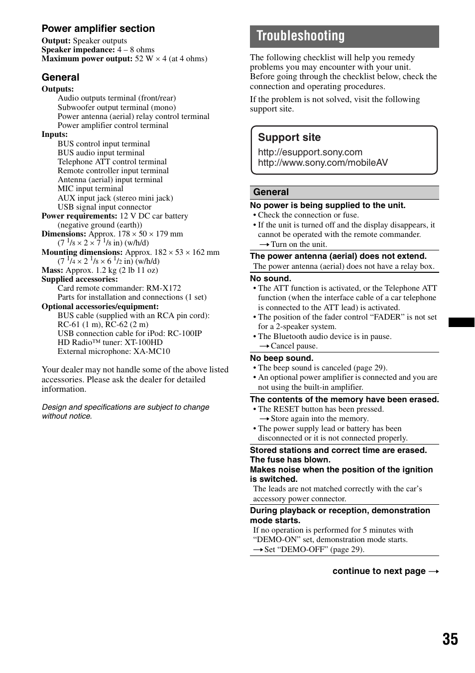 Troubleshooting, Support site, General | Sony MEX-BT39UW User Manual | Page 35 / 80