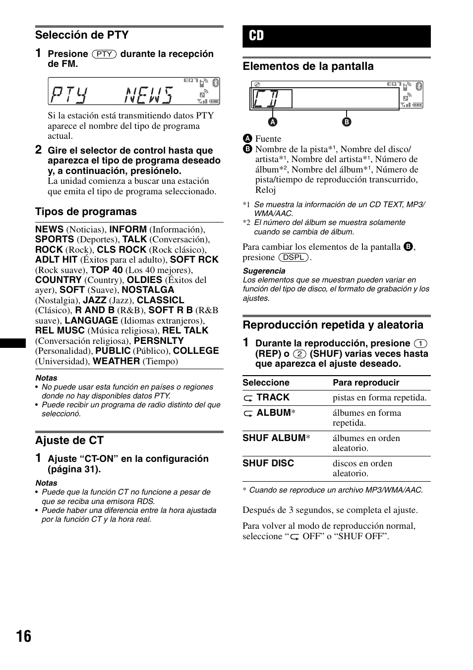 Selección de pty, Ajuste de ct, Elementos de la pantalla | Reproducción repetida y aleatoria, Selección de pty ajuste de ct | Sony MEX-BT39UW User Manual | Page 54 / 80