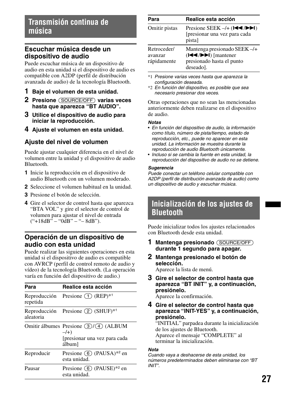 Transmisión continua de música, Escuchar música desde un dispositivo de audio, Inicialización de los ajustes de bluetooth | Sony MEX-BT39UW User Manual | Page 65 / 80