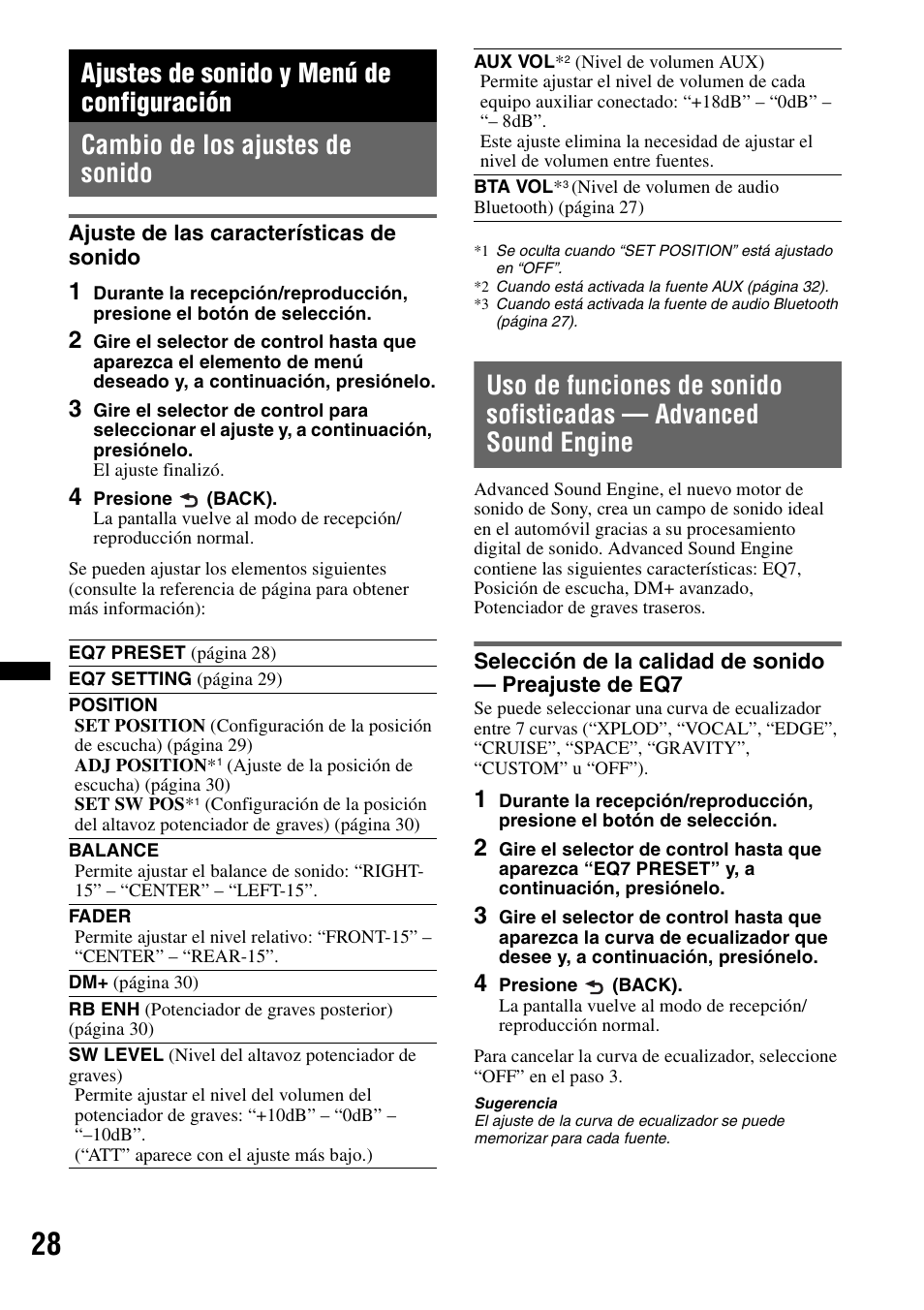 Ajustes de sonido y menú de configuración, Cambio de los ajustes de sonido, Ajuste de las características de sonido | Sony MEX-BT39UW User Manual | Page 66 / 80