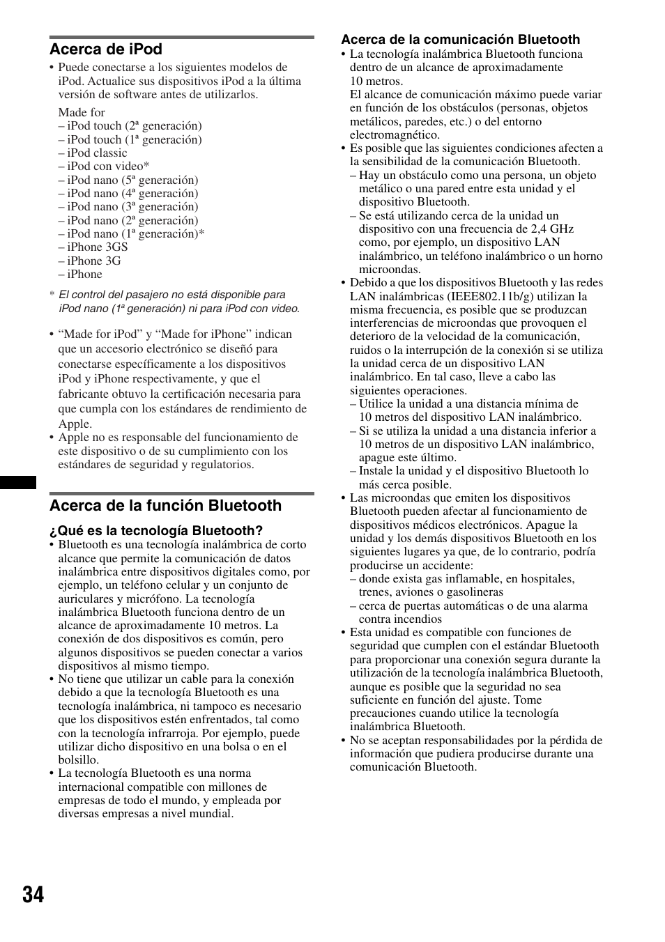 Acerca de ipod, Acerca de la función bluetooth, Acerca de ipod acerca de la función bluetooth | Sony MEX-BT39UW User Manual | Page 72 / 80