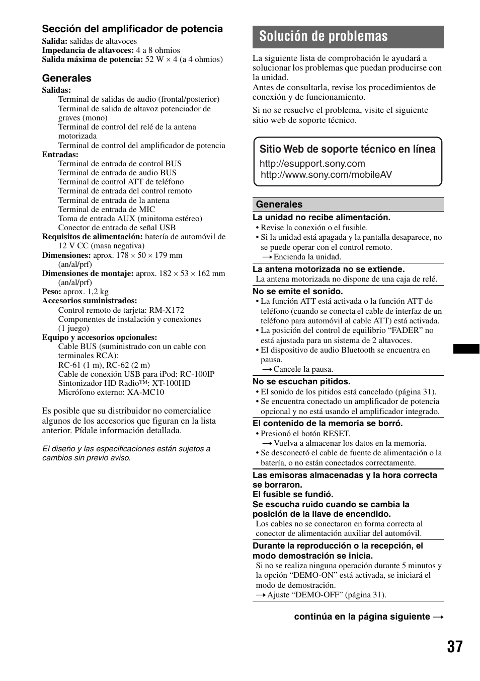 Solución de problemas, Sitio web de soporte técnico en línea | Sony MEX-BT39UW User Manual | Page 75 / 80