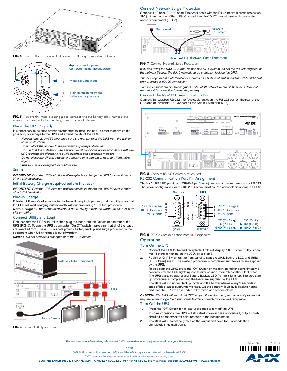 Place the ups properly, Setup, Initial battery charge (required before first use) | Plug-in charge, Connect utility and load, Connect network surge protection, Connect the rs-232 communication port, Rs-232 communication port pin assignment, Operation, Turn on the ups | AMX NXA-UPS1500 User Manual | Page 2 / 2