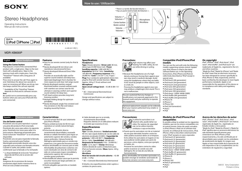 Sony MDR-XB600iP User Manual | 1 page