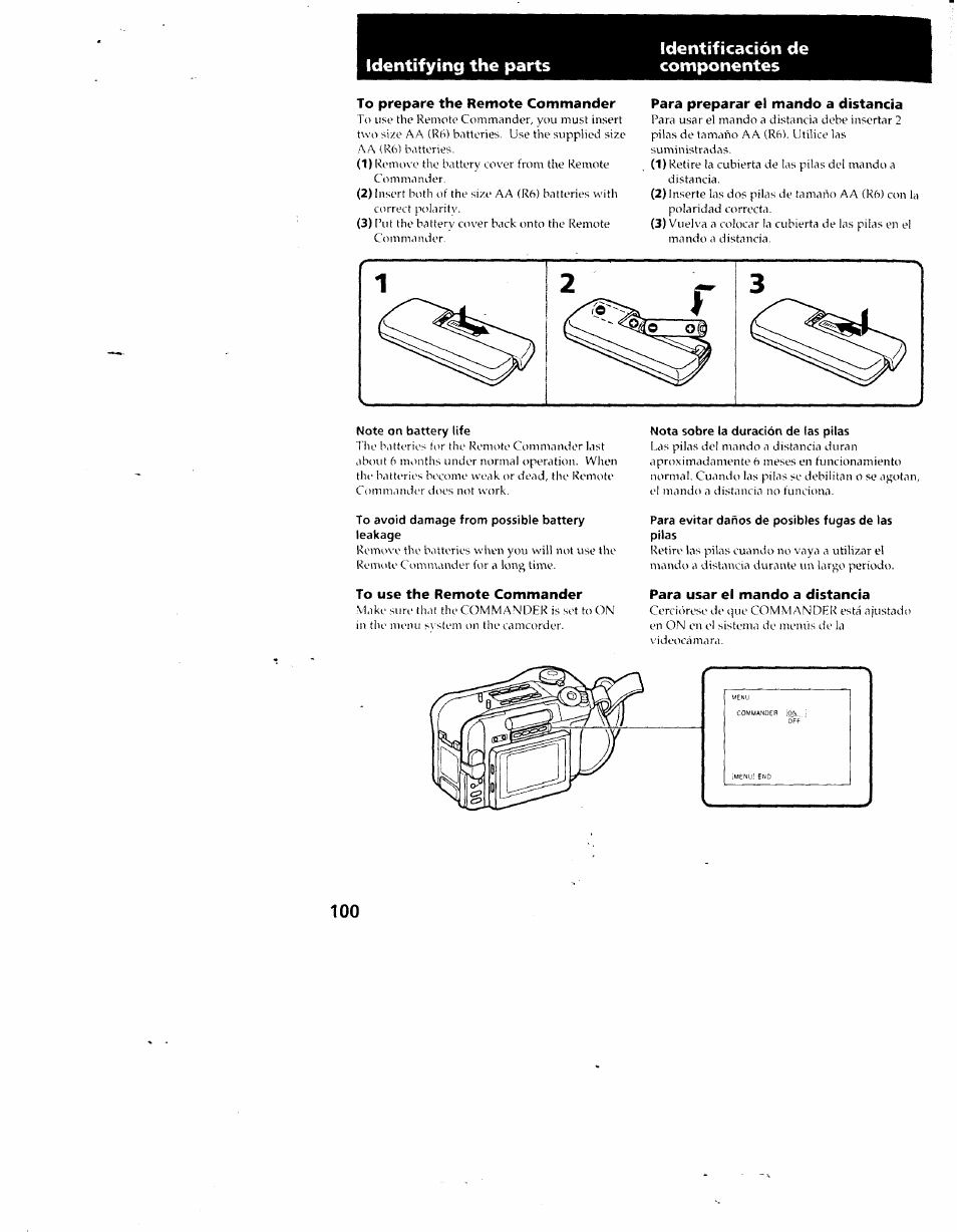 To prepare the remote commander, Para preparar el mando a distancia, Note on battery life | To avoid damage from possible battery leakage, To use the remote commander, Nota sobre la duración de las pilas, Para evitar daños de posibles fugas de las pilas, Para usar el mando a distancia | Sony CCD-SC55 User Manual | Page 100 / 105
