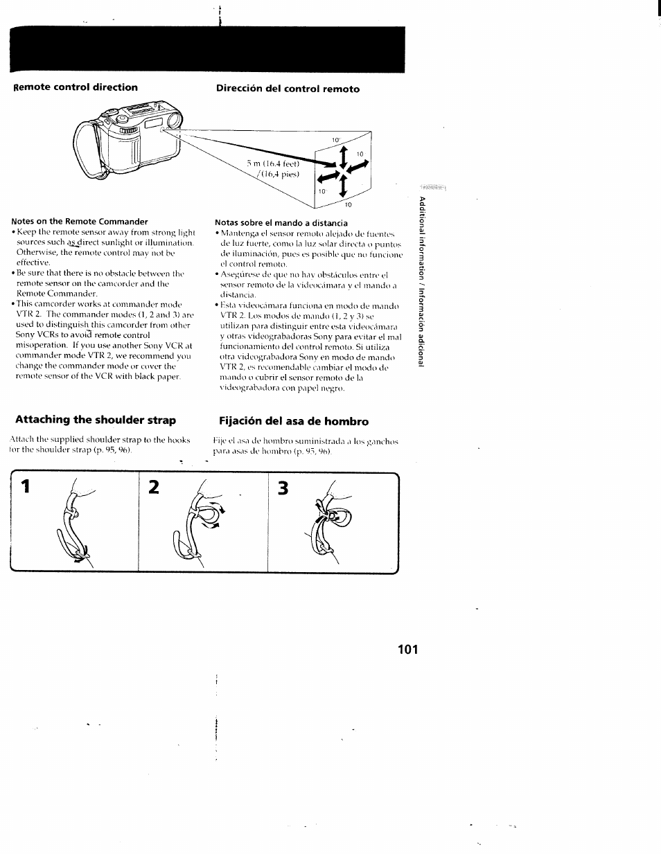 Remote control direction, Dirección del control remoto, Notes on the remote commander | Notas sobre el mando a distancia, Attaching the shoulder strap, Fijación del asa de hombro | Sony CCD-SC55 User Manual | Page 101 / 105
