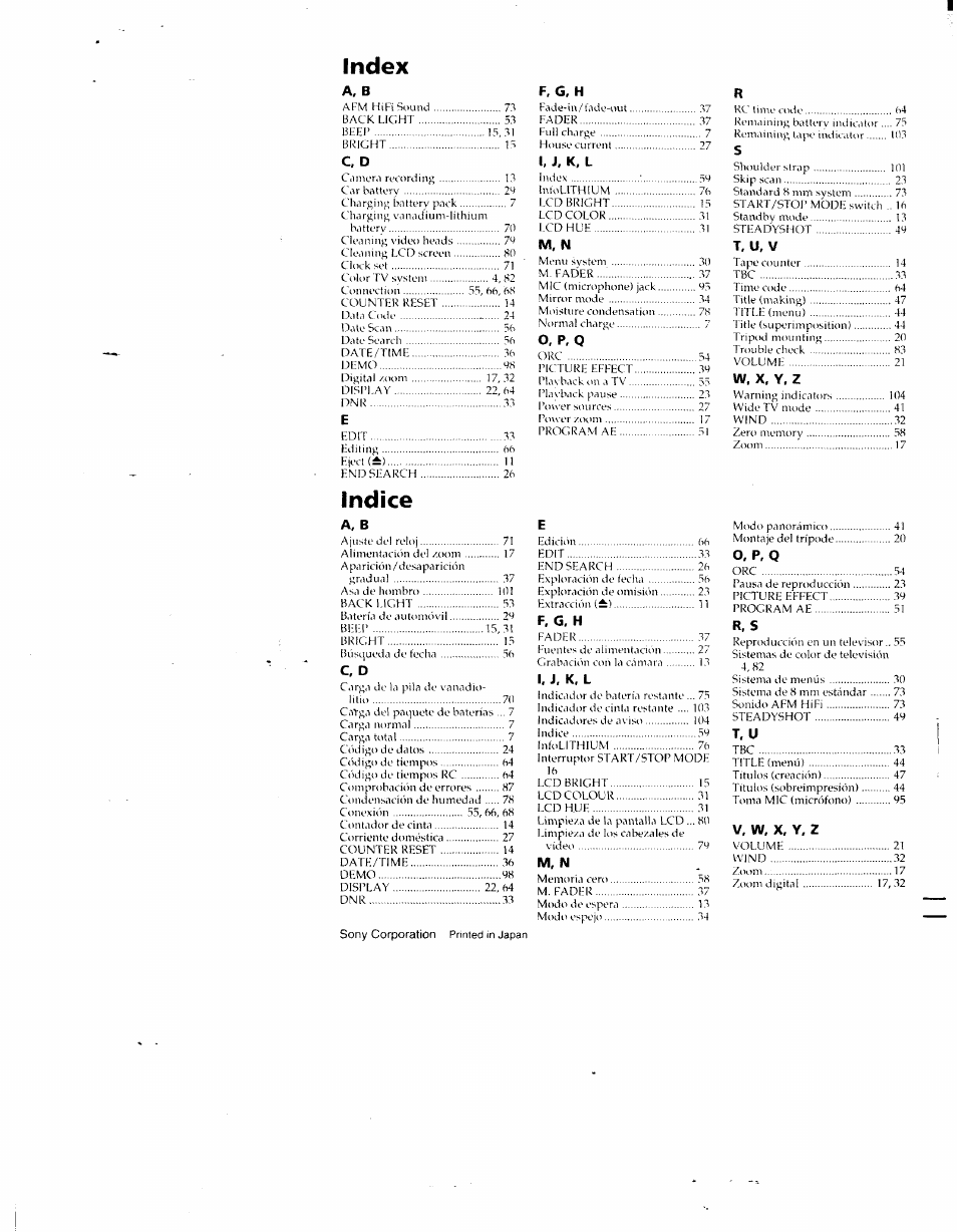 Index, Indice, F, g, h | L, i, K, l, M, n, T, u, v, O, p, q, W, x, y, z, T, u | Sony CCD-SC55 User Manual | Page 105 / 105