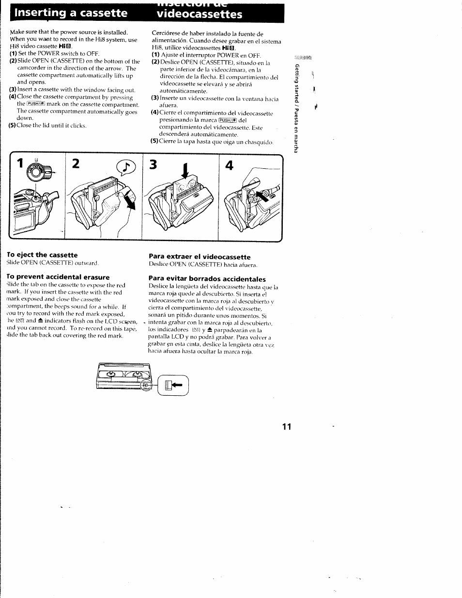 Inserting a cassette videocassettes, To eject the cassette, Para extraer el videocassette | To prevent accidental erasure, Para evitar borrados accidentales | Sony CCD-SC55 User Manual | Page 11 / 105