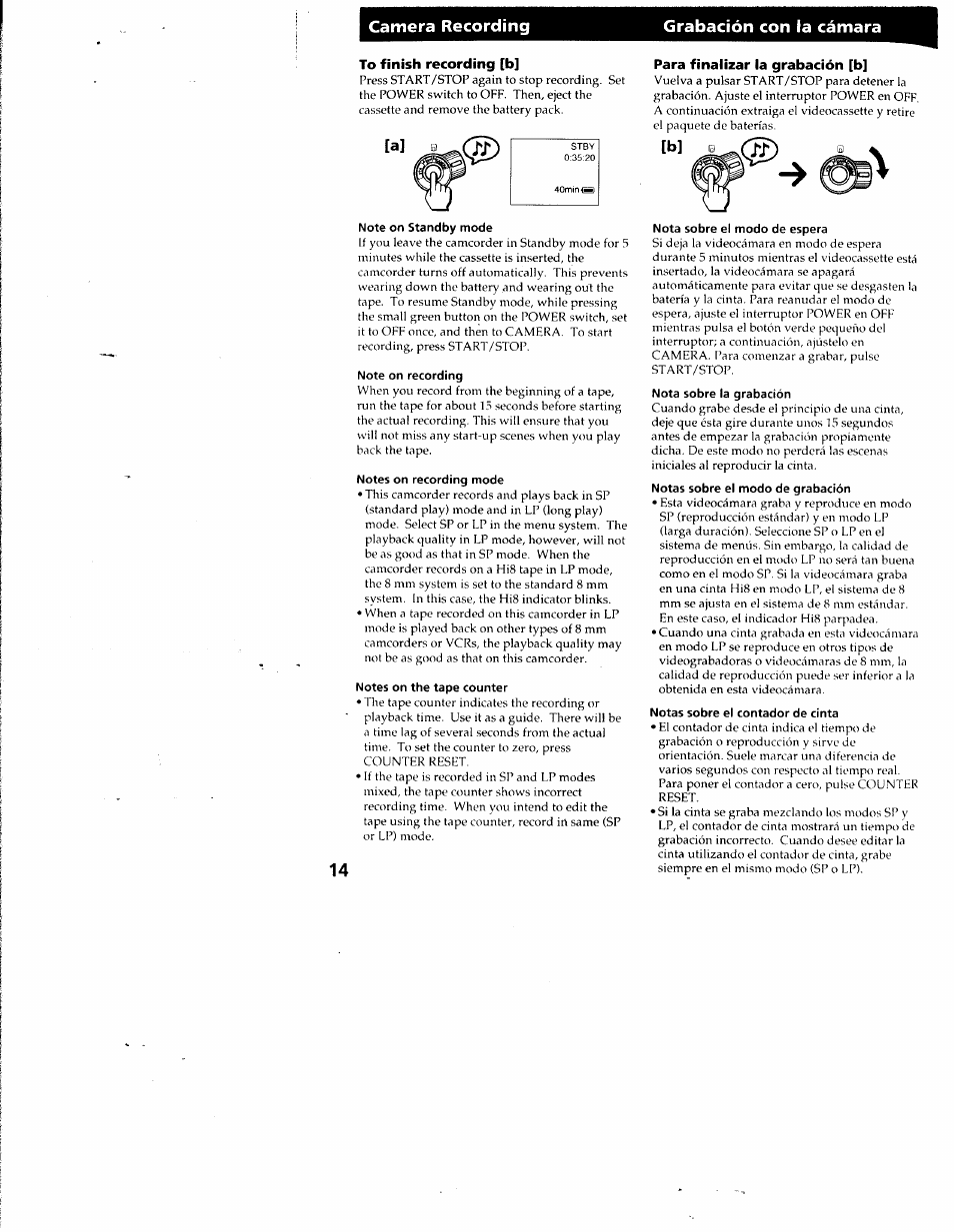 Note on standby mode, Note on recording, Notes on recording mode | Notes on the tape counter, Nota sobre el modo de espera, Notas sobre el contador de cinta, Camera recording grabación con la cámara, Para finalizar la grabación [b | Sony CCD-SC55 User Manual | Page 14 / 105