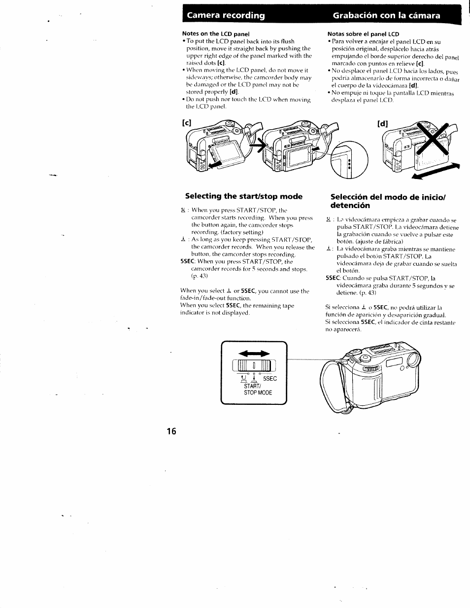 Notes on the lcd panel, Notas sobre el panel lcd, Selecting the start/stop mode | Selección del modo de inicio/ detención, Camera recording grabación con la cámara | Sony CCD-SC55 User Manual | Page 16 / 105