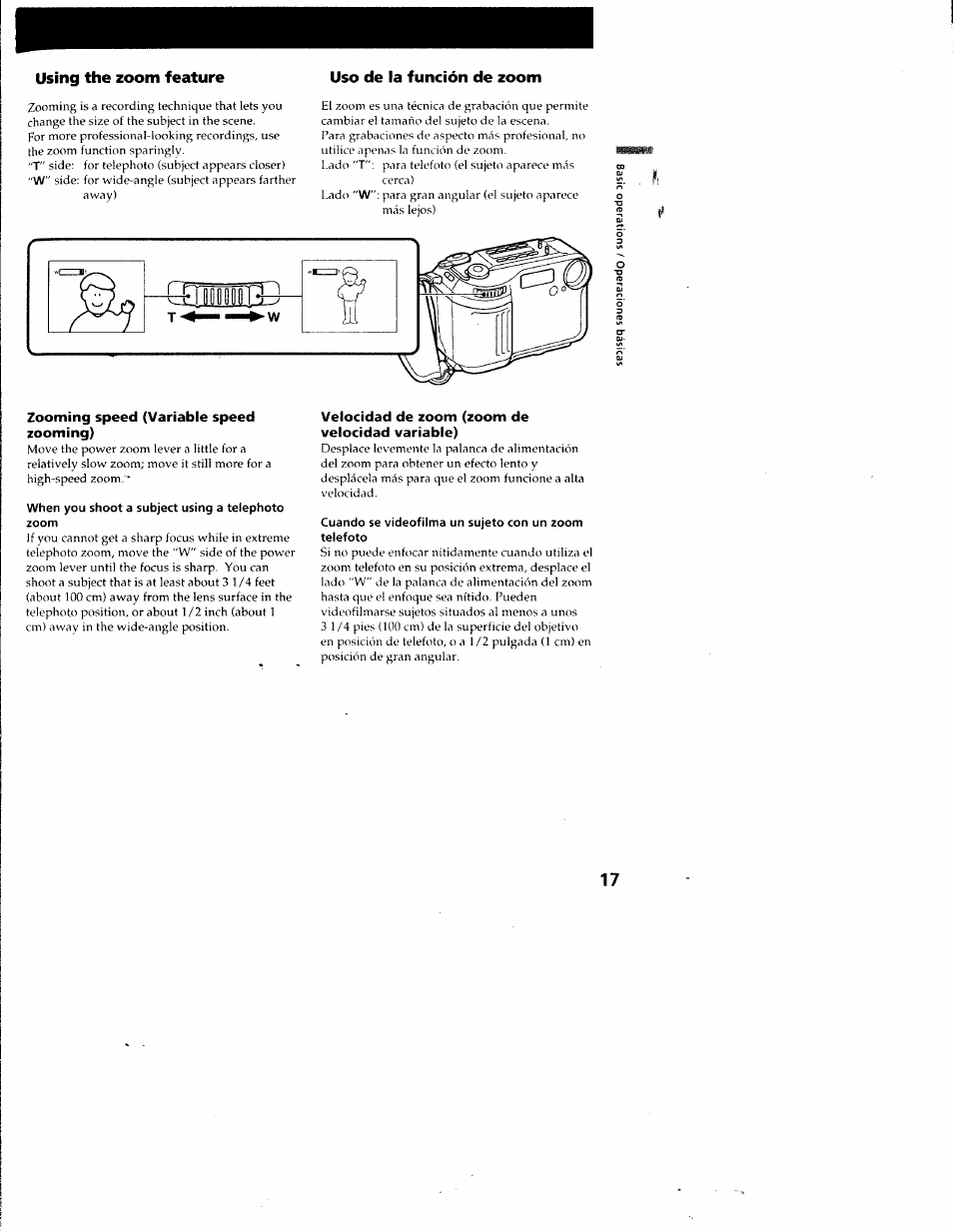 Using the zoom feature, Uso de la función de zoom, When you shoot a subject using a telephoto zoom | Zooming speed (variable speed zooming), Velocidad de zoom (zoom de velocidad variable) | Sony CCD-SC55 User Manual | Page 17 / 105