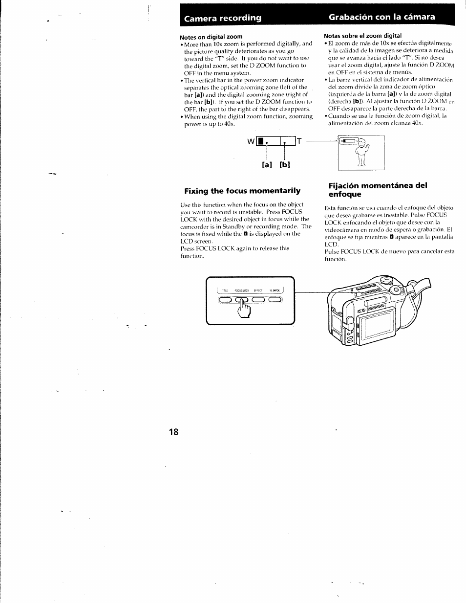 Notes on digital zoom, Notas sobre el zoom digital, Fixing the focus momentarily | Fijación momentánea del enfoque, Camera recording grabación con la cámara | Sony CCD-SC55 User Manual | Page 18 / 105