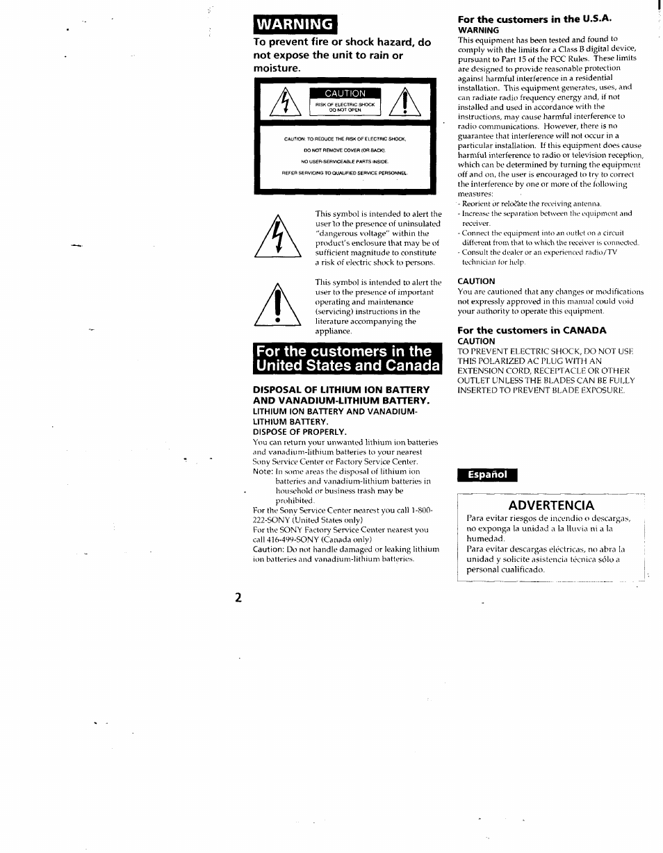 Warning, Lithium ion battery and vanadium- lithium battery, Dispose of properly | Caution, For the customers in the united states and canada, Advertencia, For the customers in the u.s.a, For the customers in canada, Español | Sony CCD-SC55 User Manual | Page 2 / 105