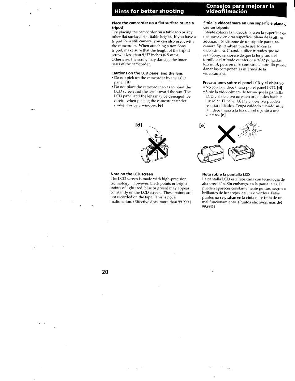 Hints for better shooting, Consejos para mejorar la videofilmación, Cautions on the lcd panel and the lens | Precauciones sobre el panel lcd y el objetivo, Note on the lcd screen, Nota sobre la pantalla lcd | Sony CCD-SC55 User Manual | Page 20 / 105