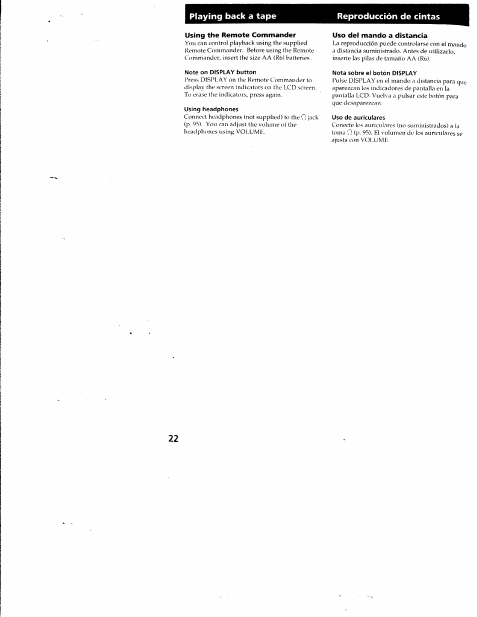 Reproducción de cintas, Using the remote commander, Note on display button | Using headphones, Uso del mando a distancia, Nota sobre el botón display, Uso de auriculares, Playing back a tape reproducción de cintas | Sony CCD-SC55 User Manual | Page 22 / 105