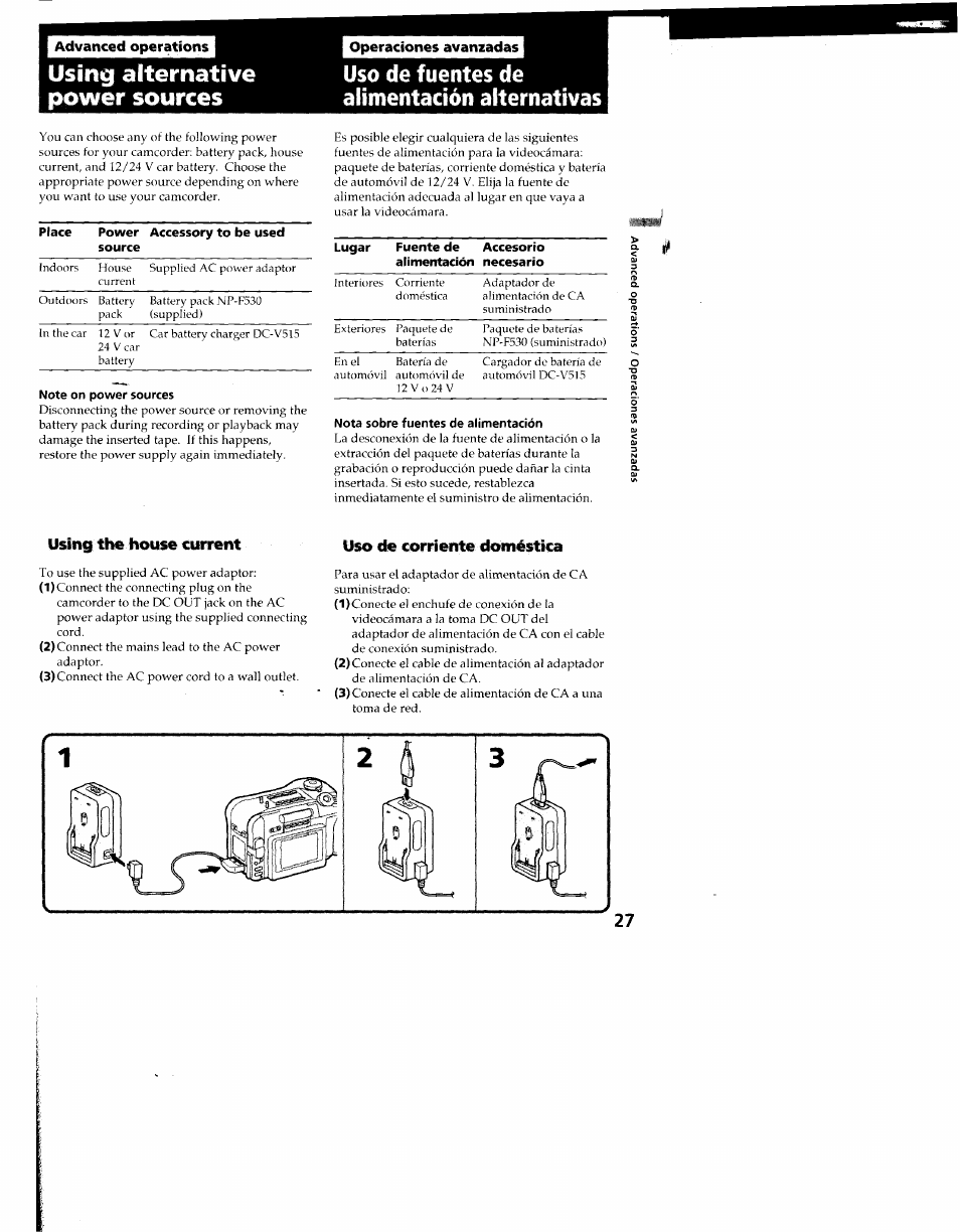 Uso de fuentes de alimentación alternativas, Note on power sources, Nota sobre fuentes de alimentación | Using the house current, Uso de corriente doméstica | Sony CCD-SC55 User Manual | Page 27 / 105