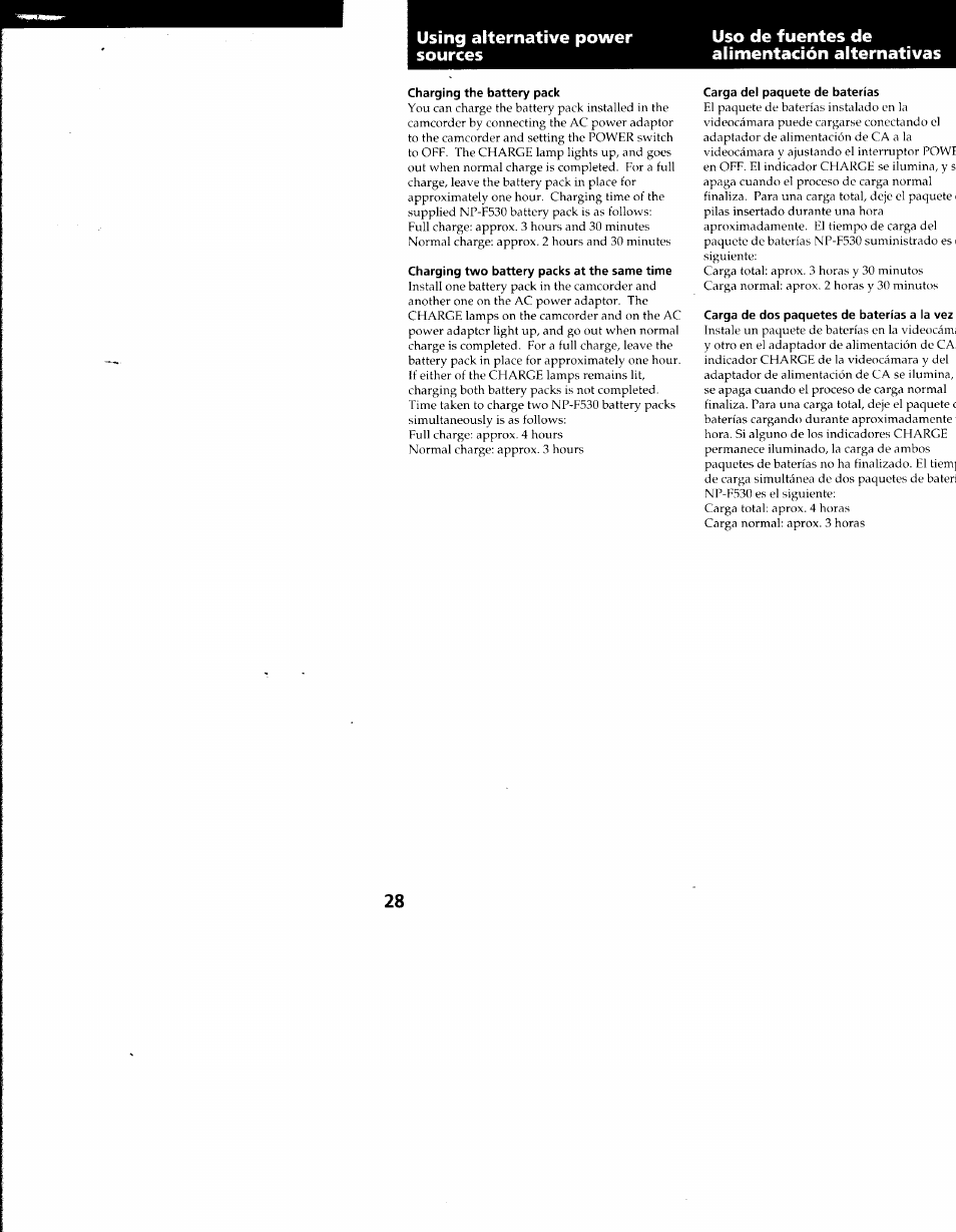 Charging the battery pack, Charging two battery packs at the same time, Carga del paquete de baterías | Carga de dos paquetes de baterías a la vez | Sony CCD-SC55 User Manual | Page 28 / 105