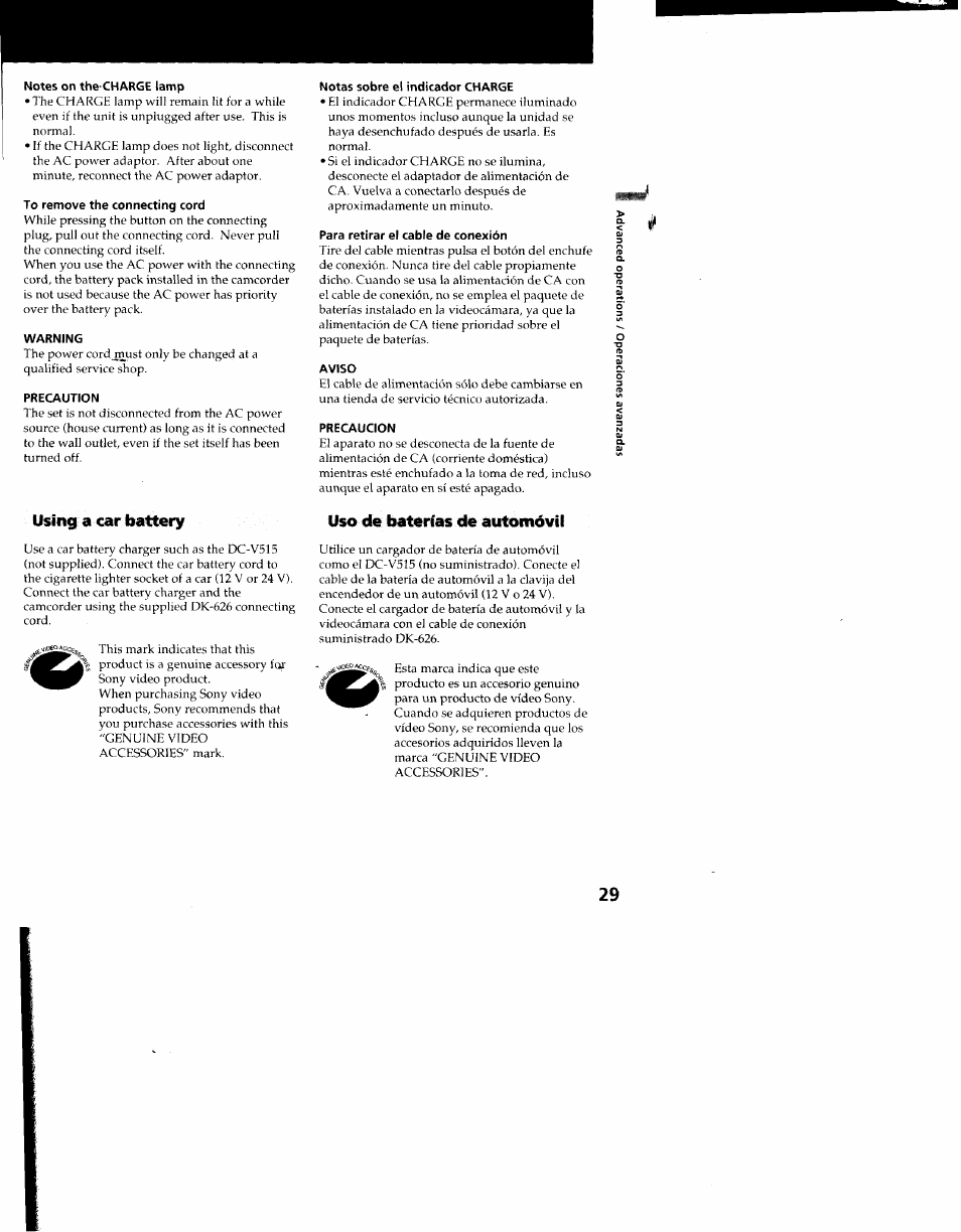 Notes on the-charge lamp, To remove the connecting cord, Warning | Precaution, Notas sobre el indicador charge, Para retirar el cable de conexión, Aviso, Precaucion, Using a car battery, Uso de baterías de automóvil | Sony CCD-SC55 User Manual | Page 29 / 105