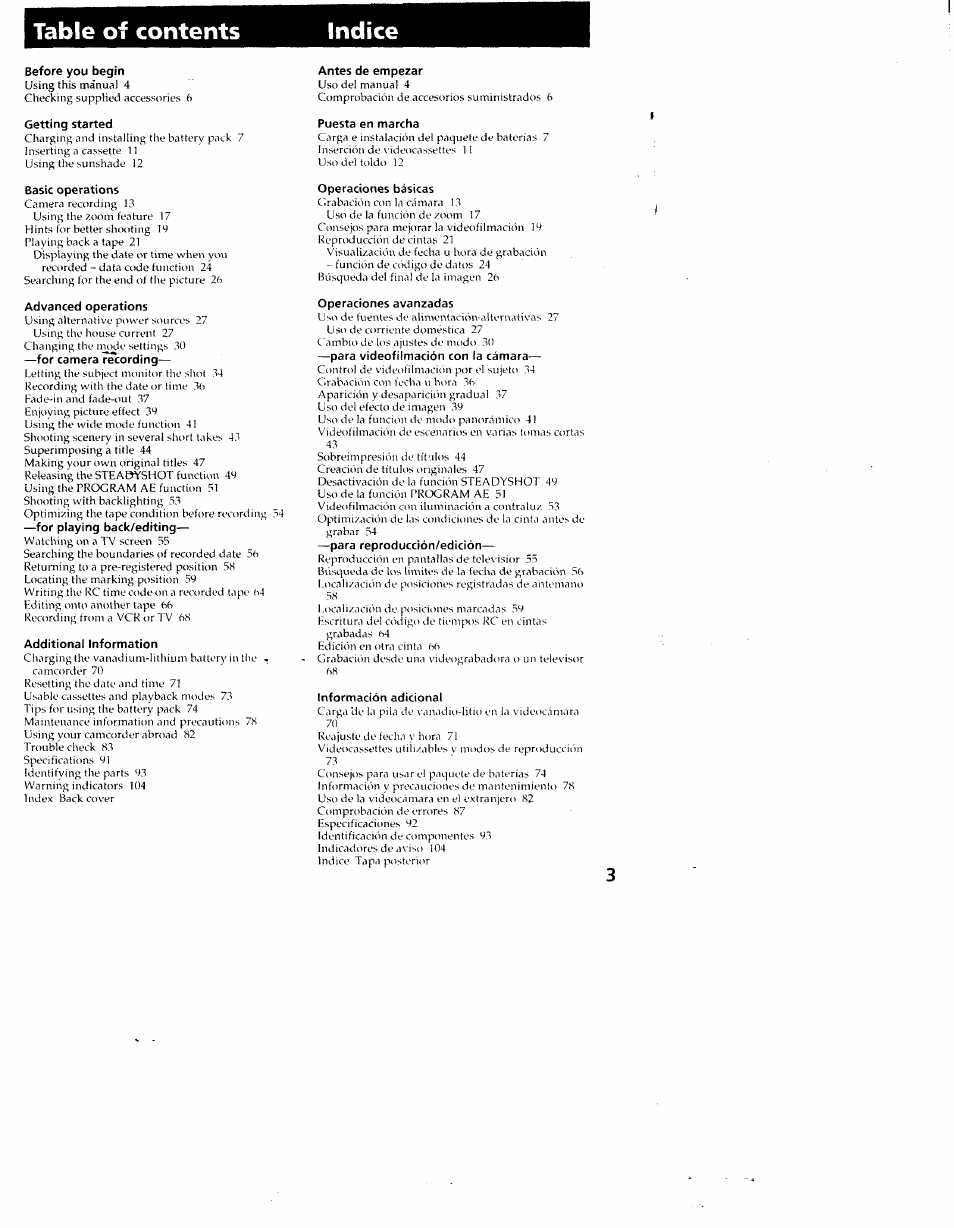 Before you begin, Getting started, Basic operations | Advanced operations, Additional information, Antes de empezar, Puesta en marcha, Operaciones básicas, Operaciones avanzadas, Información adicional | Sony CCD-SC55 User Manual | Page 3 / 105