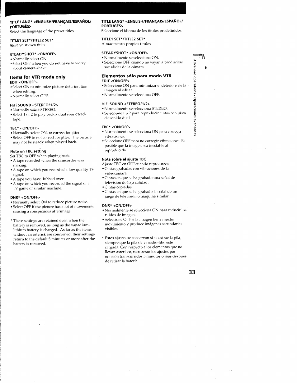 Title lang* <english/frangais/espanol, Portugese, Title1 set*/title2 set | Steadyshot* <on/off, Items for vtr mode only, Edit <on/off, Hifi sound <stereo/1/2, Tbc* <on/off, Note on tbc setting, Dnr* <on/off | Sony CCD-SC55 User Manual | Page 33 / 105