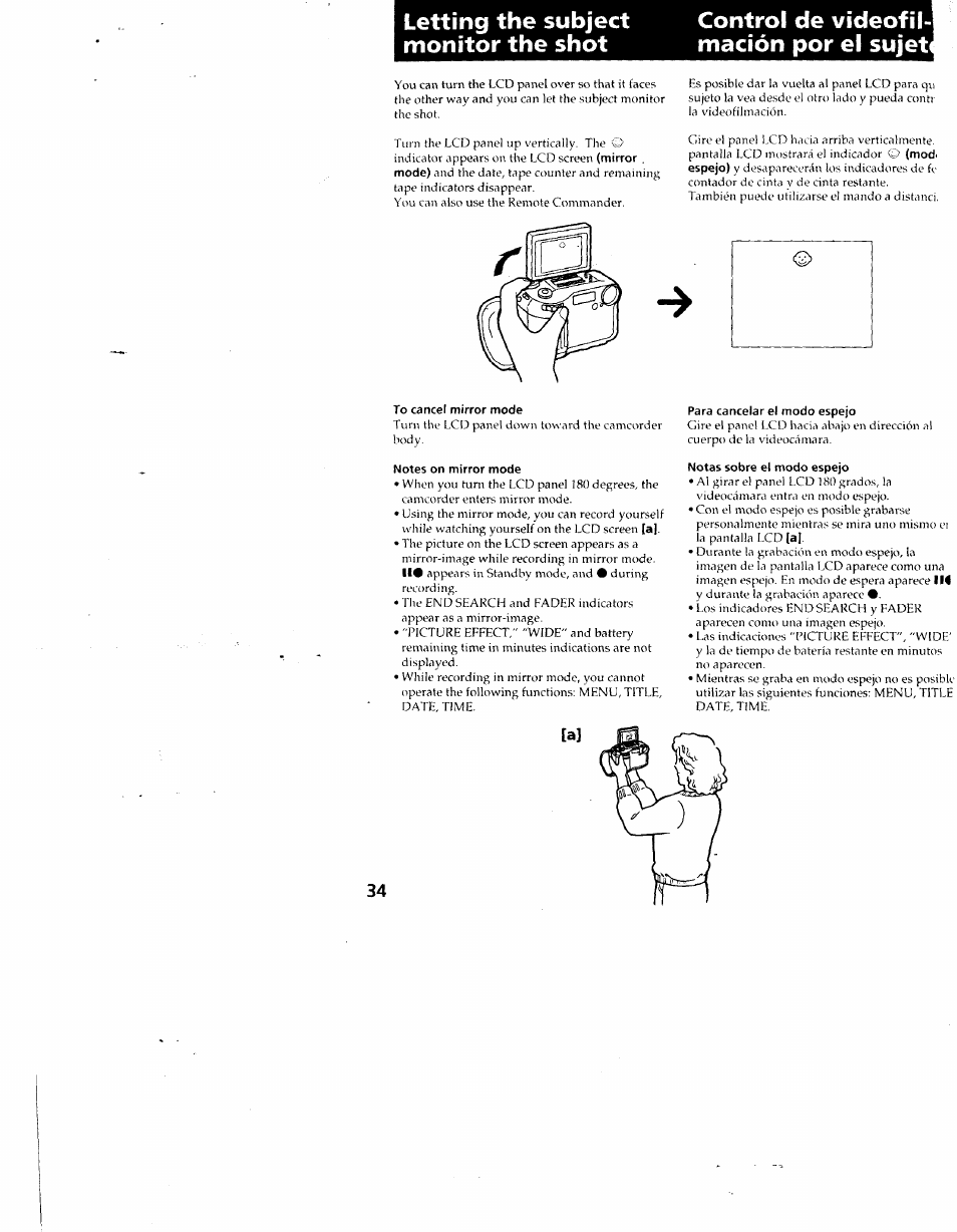 Letting the subject monitor the shot, Control de videofilmación por el sujet, To cancel mirror mode | Para cancelar el modo espejo, Notes on mirror mode, Notas sobre el modo espejo | Sony CCD-SC55 User Manual | Page 34 / 105