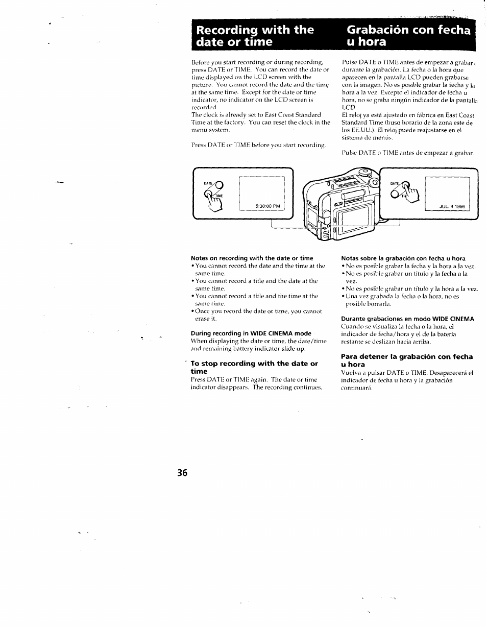 Recording with the date or time, Grabación con fecha u hora, Notes on recording with the date or time | During recording in wide cinema mode, To stop recording with the date or time, Notas sobre la grabación con fecha u hora, Durante grabaciones en modo wide cinema, Para detener la grabación con fecha u hora | Sony CCD-SC55 User Manual | Page 36 / 105