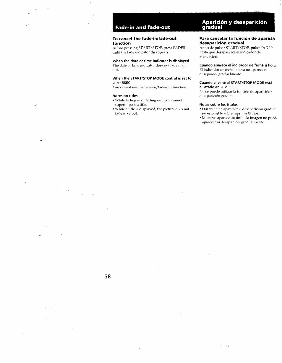 To cancel the fade-in/fade-out function, When the date or time indicator is displayed, Cuando aparece el indicador de fecha u hora | Notas sobre los títulos | Sony CCD-SC55 User Manual | Page 38 / 105