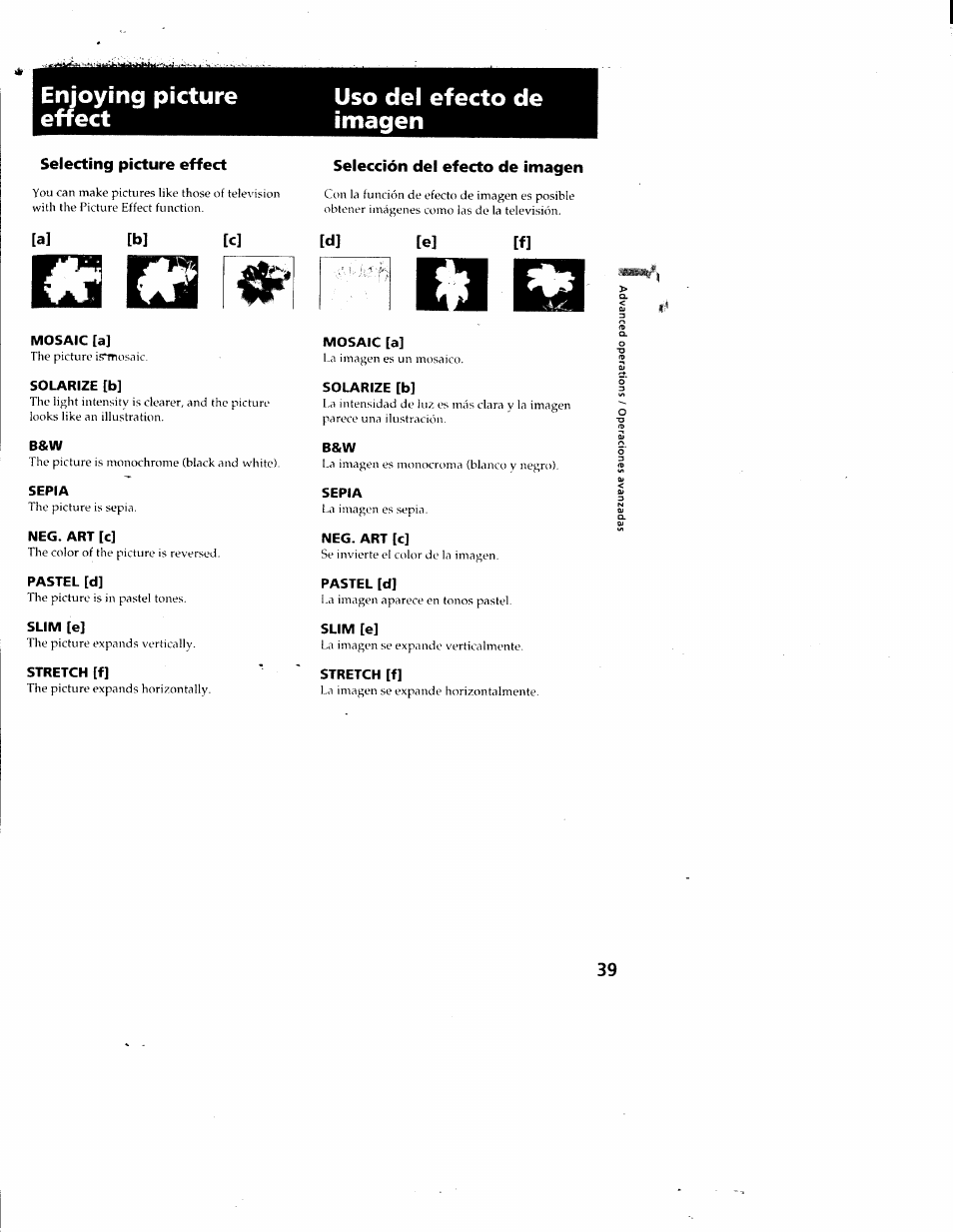 Enjoying picture effect, Uso del efecto de imagen, Selecting picture effect | Selección del efecto de imagen, Ei3 í13, El c3, Enjoying picture effect uso del efecto de imagen | Sony CCD-SC55 User Manual | Page 39 / 105